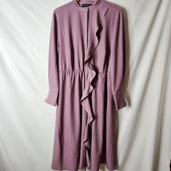 Eloquii Cascade Purple Long Sleeve Ruffle Front Midi Dress sz 16 - Picture 1 of 6